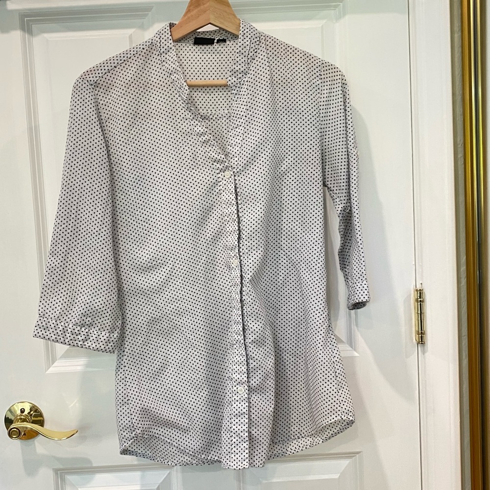 White button down shirt with tiny black polka dots